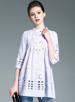Sweet Hollow Stand Collar A-Line Stylish Blouse