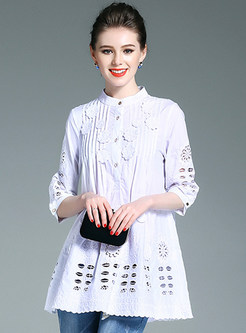 Sweet Hollow Stand Collar A-Line Stylish Blouse