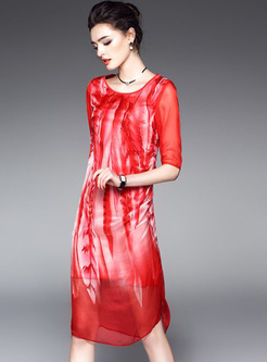 Vintage Print Mesh Patch Silk Shift Dress