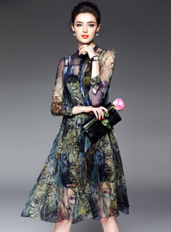 Vintage Silk Print Stand Collar Loose Dress