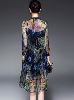 Vintage Silk Print Stand Collar Loose Dress
