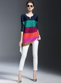 Loose Stripe Color-blocked Pullover T-shirt