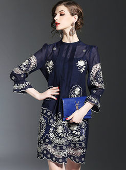 Ethnic Floral Embroidery 3/4 Sleeve Shift Dress With Underskirt