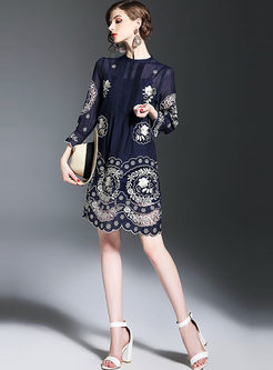 Ethnic Floral Embroidery 3/4 Sleeve Shift Dress With Underskirt