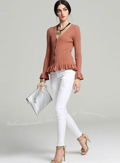 Elegant Slim V-neck Falbala Sweater