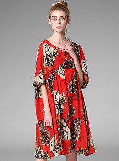 Casual Print Half Sleeve Plus Size Silk Shift Dress