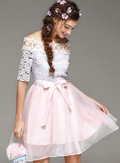 Cute Lace Hollow Half Sleeve Bowknot Skater Dress