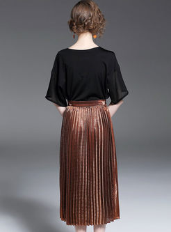 Stylish Short Sleeve Patchwork Sequins T-shirt & Stylish Pleated Skirt