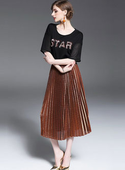Stylish Short Sleeve Patchwork Sequins T-shirt & Stylish Pleated Skirt