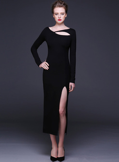 Long Asymmetric Neck High-split Skinny Dress