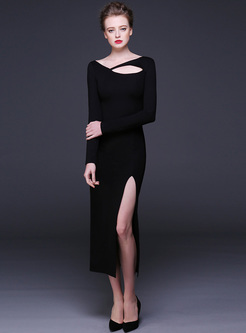 Long Asymmetric Neck High-split Skinny Dress