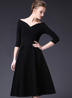 Black V-neck Waist Big Hem A Line Dress