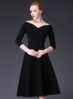 Black V-neck Waist Big Hem A Line Dress
