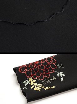 Black Flower Embroidery Waist A-line Dress