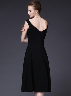 Elegant V-neck Waist Sleeveless A-line Dress
