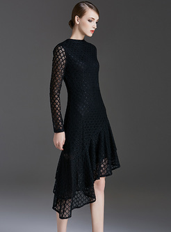 Chic Lace Hollow Asymmetric Hem Waist A-line Dress