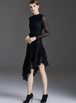Chic Lace Hollow Asymmetric Hem Waist A-line Dress