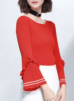 Fashionable Slash Neck Flare Sleeve Hit Color Sweater