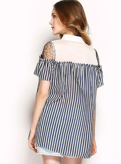 Loose Short Sleeve Vertical Stripe Patchwork Fake Two Piece Blouse