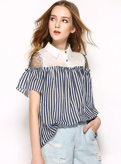Loose Short Sleeve Vertical Stripe Patchwork Fake Two Piece Blouse