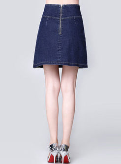 Stylish High Waist Embroidery Denim Skirt