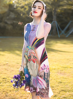 Fashion Print Silk Half Sleeve Skater Dress