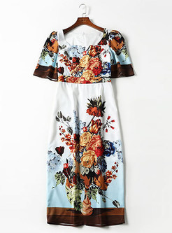Vintage Short Sleeve Slim Print Bodycon Dress
