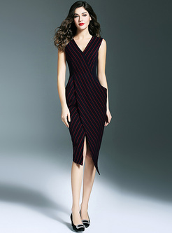 Work Stripe Asymmetric Hem V-neck Sleeveless Bodycon Dress