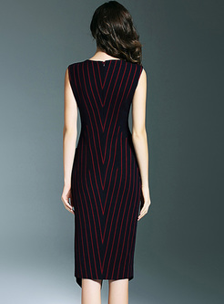 Work Stripe Asymmetric Hem V-neck Sleeveless Bodycon Dress
