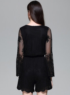 Sexy Patch Lace Embroidery Solid Color Jumpsuit