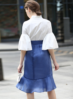 Street Asymmetric Patch Flare Sleeve Bowknot-patch Skinny Dress