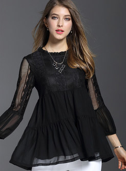 Casual O-Neck Patch Pleated Hollow T-Shirt