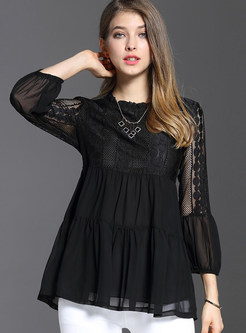 Casual O-Neck Patch Pleated Hollow T-Shirt