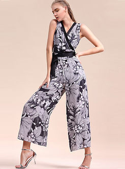 Slim High Waist Sleeveless Print Silk Jumpsuit 