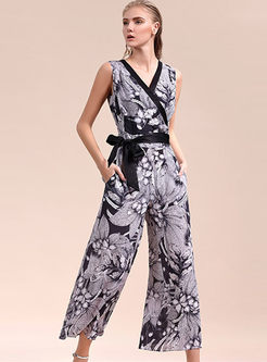 Slim High Waist Sleeveless Print Silk Jumpsuit 