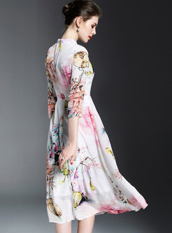Elegant Print Stand Collar Three Quarters Sleeve Skater Dress
