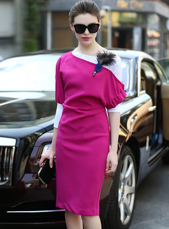 Elegant Color-blocked Bat Sleeve Waist Skinny Dress