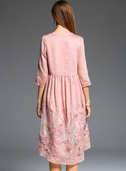 Elegant Loose 3/4 Sleeve High Waist Embroidery Skater Dress