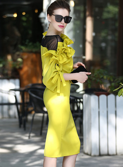 Elegant Yellow Slash Neck Falbala Split Skinny Dress