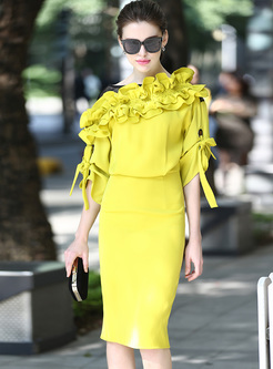Elegant Yellow Slash Neck Falbala Split Skinny Dress