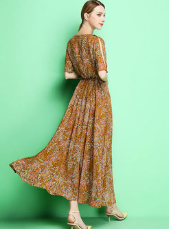 Elegant High Waist Print Big Hem Maxi Dress