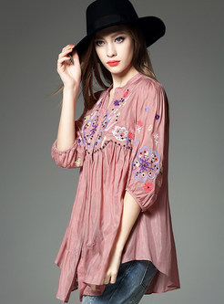 Casual V-Neck Embroidery Loose Slit T-Shirt