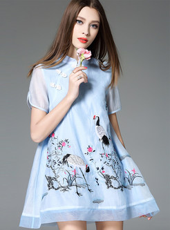 Vintage Stand Collar Embroidery Stylish Shift Dress