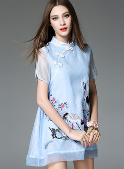 Vintage Stand Collar Embroidery Stylish Shift Dress