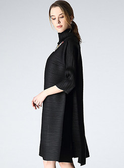 Brief Stand Collar Sequined Three Quarters Sleeve Loose Shift Dress