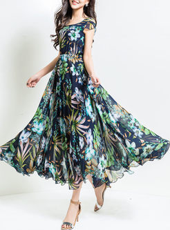 Stylish High Waist Falbala Print Maxi Dress