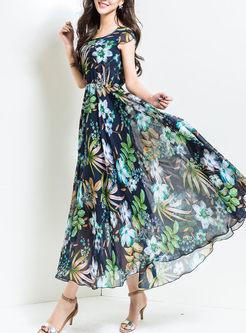 Stylish High Waist Falbala Print Maxi Dress