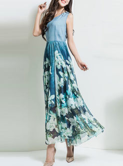 Slim Nipped Waist Sleeveless Print Patchwork Maxi Dress