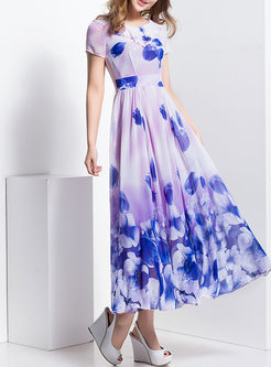 Elegant Nipped Waist Short Sleeve Print Chiffon Maxi Dress