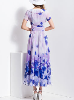 Elegant Nipped Waist Short Sleeve Print Chiffon Maxi Dress